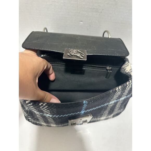 BURBERRY LONDON Croc Embossed Leather Tartan Wool Satchel Purse Bag Authentic - Picture 11 of 16